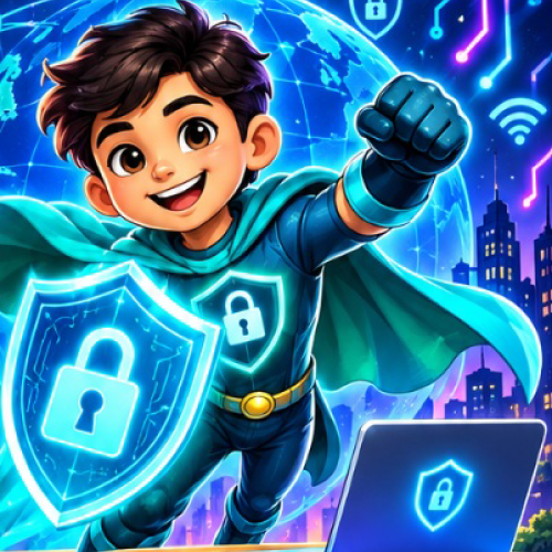 Illustration of a child dressed as a cyber-safety superhero, representing safe online habits.